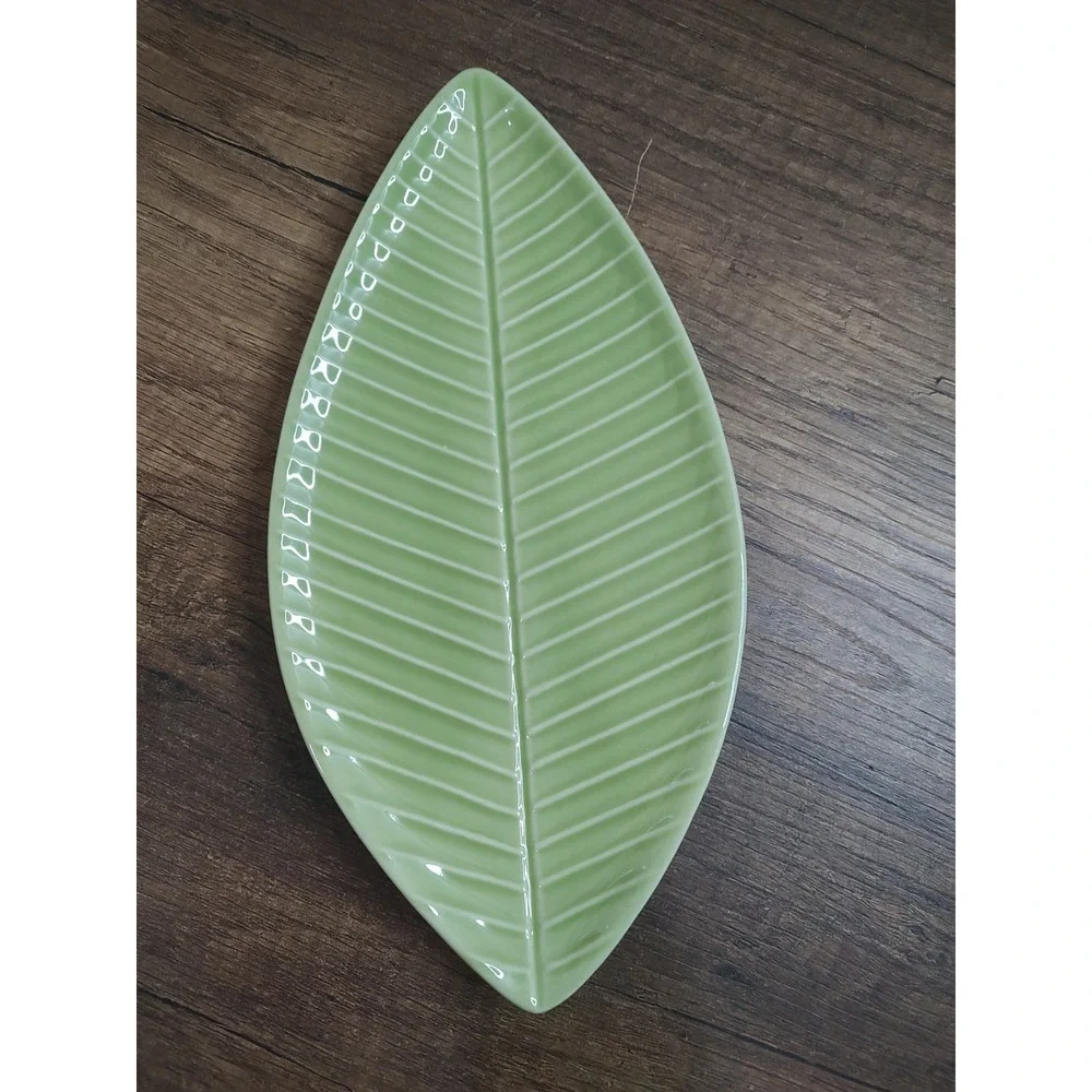 Crate & Barrel  Green Leaf Ceramic Serving Dish Green Platter Tray Boho Nature